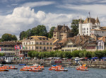 Nyon panorama with pedal boats in Lake Geneva
